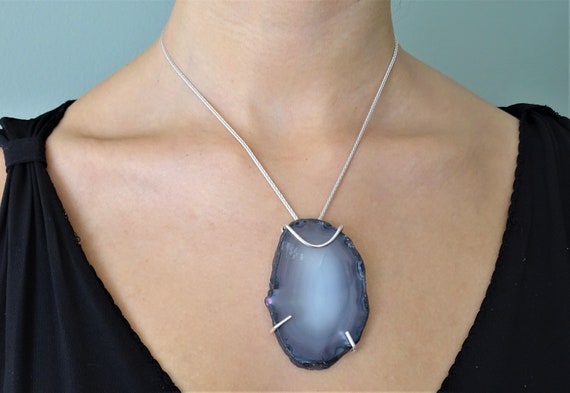 Agate Slice Pendant | Natural Gray Agate Necklace | Statement Sterling Silver Pendant | Mothers Day Gift