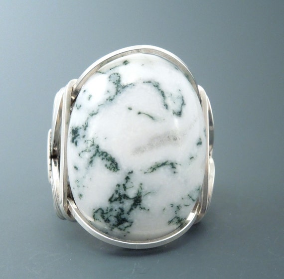 Handcrafted Sterling Silver Large Tree Agate Cabochon Wire Wrapped Ring