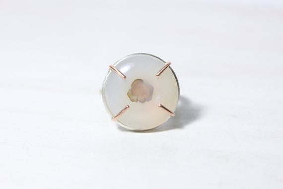 Large White Agate Statement Ring Floral Inclusion Silver 14k Rose Gold Prong Cup Setting Pink And Cream Fall Winter Accessory - Fog Flower