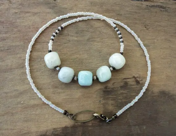 Light Blue Amazonite Necklace, Bohemian Stone Pebble Jewelry In Pale Blue And White, Rustic Ocean Inspired Bead Necklace