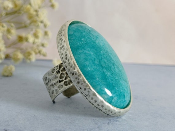 Amazonite Ring Set In Antique Silver Natural Blue Nautical Wide Statement Ring With Oval Cabochon Aged Jewellery Calming Energy