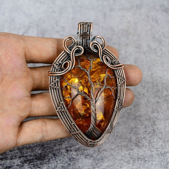 Tree Of Life Beautiful Baltic Amber Pendant Copper Wire Wrapped Pendant Oxidized Copper Baltic Amber Pendants For Women Baltic Stone Pendant