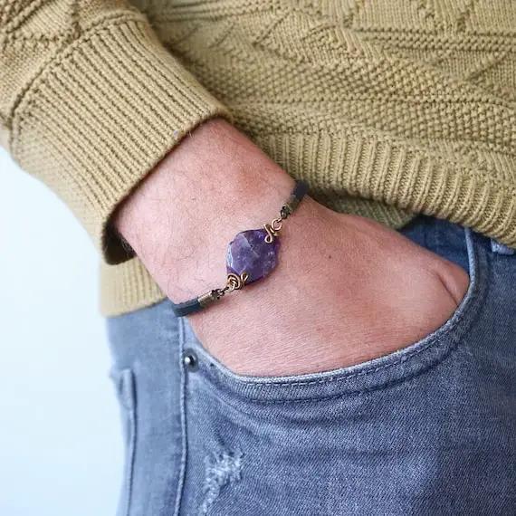 Anxiety Gemstone Bracelet, Amethyst Bracelet Men, Mens Leather Bracelet, February Birthstone, Long Distance Boyfriend Gift