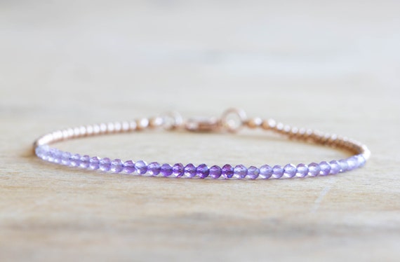 Delicate Amethyst Bracelet With Rose Gold Fill Or Sterling Silver, February Birthstone Beaded Jewelry