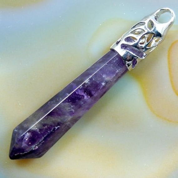 Purple Amethyst  Point Chakra Silver Pendant Bead, Gemstone Rock Crystal  Stone, Focal Bead 58mm