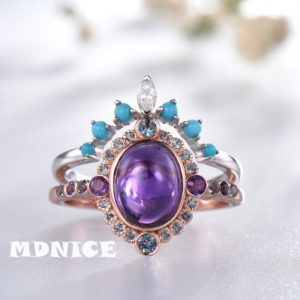 Shop Amethyst Rings! Amethyst Wedding Set Natural Oval Amethyst Engagement Ring Turquoise Curved Wedding Band Purple Gemstone Ring Promise Ring Sterling Silver | Natural genuine Amethyst rings, simple unique alternative gemstone engagement rings. #rings #jewelry #bridal #wedding #jewelryaccessories #engagementrings #weddingideas #affiliate #ad
