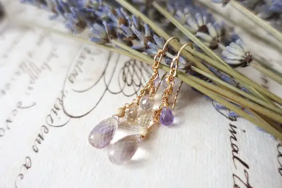 Ametrine Earrings, Gold Filled Gemstone Earrings, Amethyst Citrine Long Earrings, Lavender Purple Dangle Earrings, Dainty Feminine Jewelry