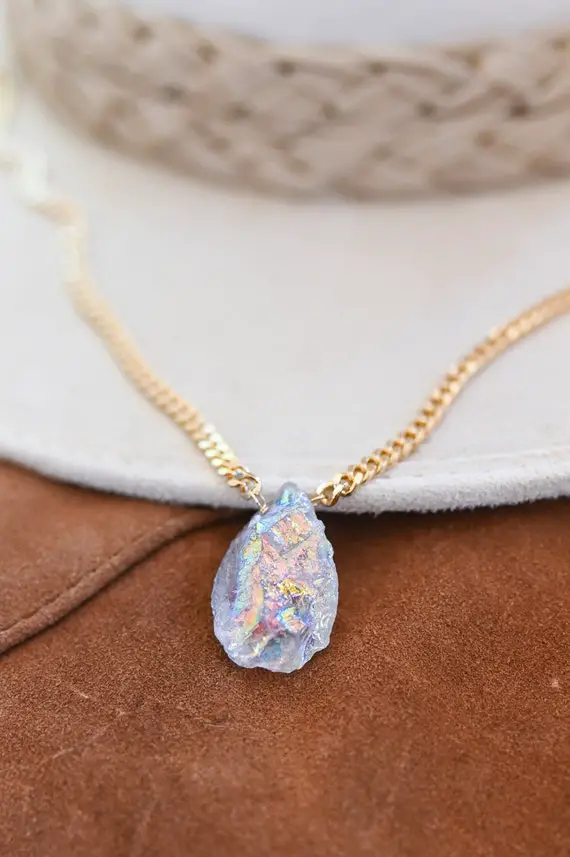 Angel Aura Quartz Boho Necklace-gold Gemstone Handmade Jewelry-crystal Pendant-curb Chain-gold Chain Necklace Women-mother Of The Groom Gift
