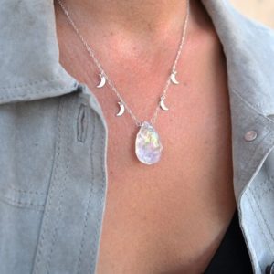 Angel Aura Quartz Crystal Necklace – Sterling Silver Necklace – Crescent Moon Necklace – Healing Crystal Necklace – Silver Chain Necklace | Natural genuine Angel Aura Quartz necklaces. Buy crystal jewelry, handmade handcrafted artisan jewelry for women.  Unique handmade gift ideas. #jewelry #beadednecklaces #beadedjewelry #gift #shopping #handmadejewelry #fashion #style #product #necklaces #affiliate #ad