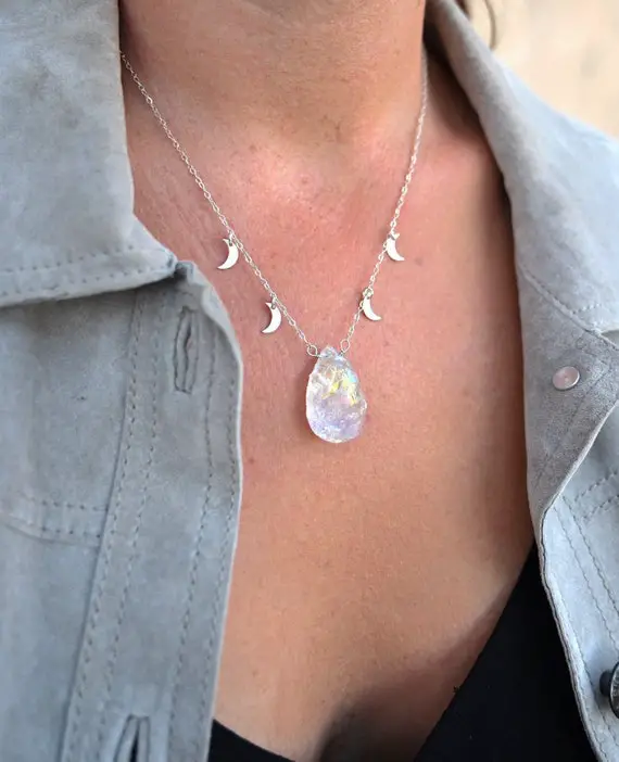 Angel Aura Quartz Crystal Necklace - Sterling Silver Necklace - Crescent Moon Necklace - Healing Crystal Necklace - Silver Chain Necklace