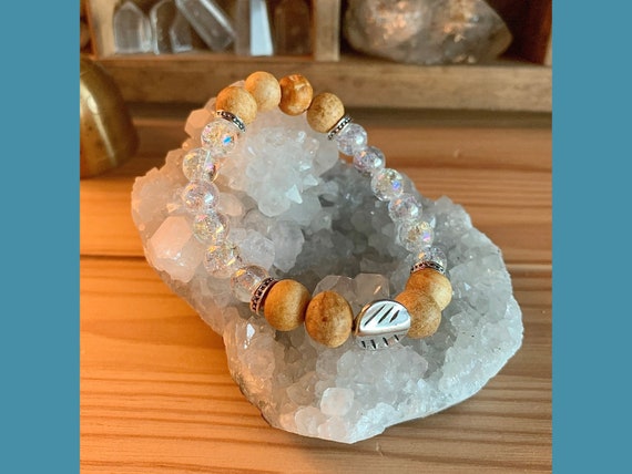 Angel Aura Quartz Palo Santo Bracelet, Balancing Mala Beads, Release Negativity Healing Energy Protection, Handmade Gift For Teens And Women