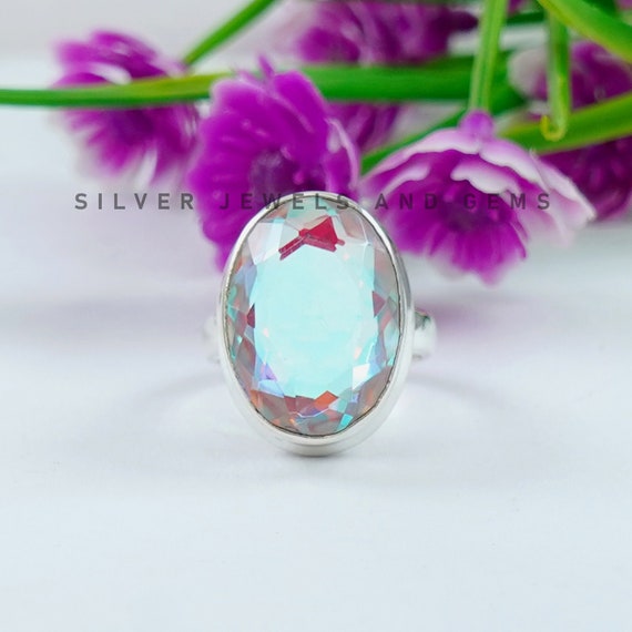 Angel Aura Quartz Ring, 925 Sterling Silver Ring, Handmade Ring, Oval Aura Quartz Ring, Wedding Ring, Gemstone Ring, Gift For Her