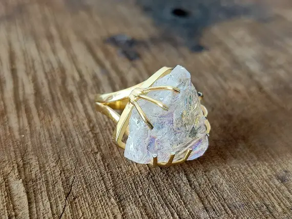 Angel Aura Quartz Ring, Rose Quartz Ring , Sterling Silver 925,  Gold Plated Raw Stone Ring, Gold Finish Rings, Summer Gift, Summer Jewelry