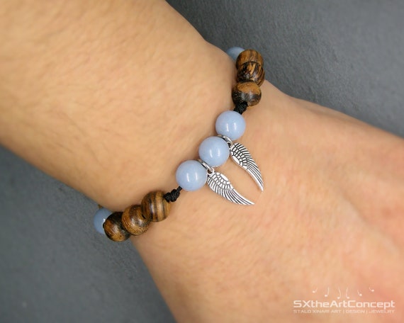 Angelite Bracelet With Sandalwood And Angel Wings, Stacking Wristband, Boho Chic Style, Energy Unisex Jewelry