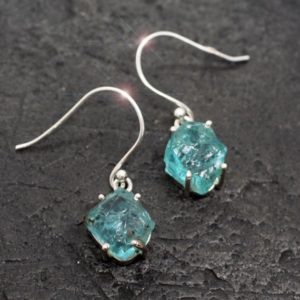 Shop Apatite Earrings! Cerulean Sky – Beautiful Natural Neon Blue Apatite Rough Sterling Silver Earrings | Natural genuine Apatite earrings. Buy crystal jewelry, handmade handcrafted artisan jewelry for women.  Unique handmade gift ideas. #jewelry #beadedearrings #beadedjewelry #gift #shopping #handmadejewelry #fashion #style #product #earrings #affiliate #ad
