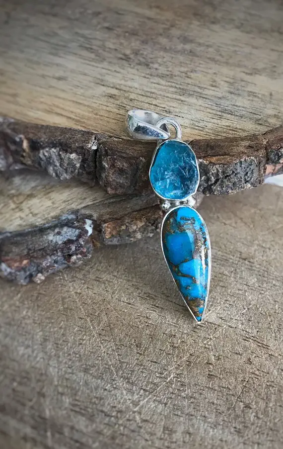 Copper Turquoise Pendant, Blue Rough Apatite, 925 Sterling Silver