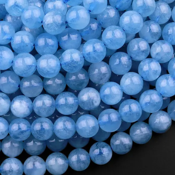Aaa Natural Blue Aquamarine 6mm 8mm 10mm Smooth Round Beads Real Genuine Gemstone Birthstone 15.5" Strand