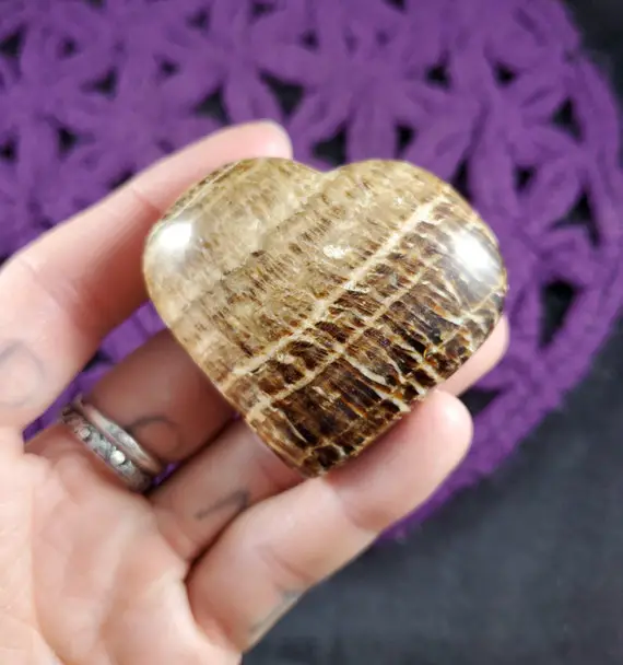 Aragonite Heart Crystal Stones Crystals Polished Brown Stripes Carving Carved Shape Rock Striped Peru