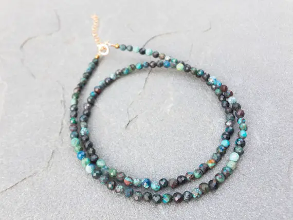 Chrysocolla Azurite Necklace, Natural Azurite Choker, 3mm Bead Chrysocolla Azurite, Genuine Azurite Jewelry, Dainty Necklace, Gift For Her