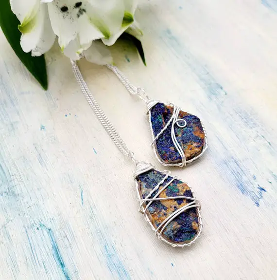 Azurite Necklace, Azurite Pendant In Sterling Silver, Mineral Necklace - Raw Crystal, Blue Azurite Druzy Wrapped Necklace