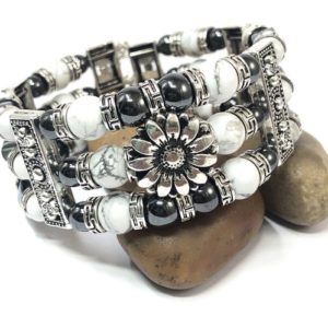 Shop Magnesite Jewelry! Beaded Cuff Bracelet, White Magnesite Bracelet, Hematite Jewelry | Natural genuine Magnesite jewelry. Buy crystal jewelry, handmade handcrafted artisan jewelry for women.  Unique handmade gift ideas. #jewelry #beadedjewelry #beadedjewelry #gift #shopping #handmadejewelry #fashion #style #product #jewelry #affiliate #ad