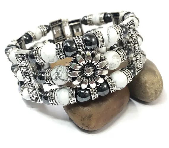 Beaded Cuff Bracelet, White Magnesite Bracelet, Hematite Jewelry