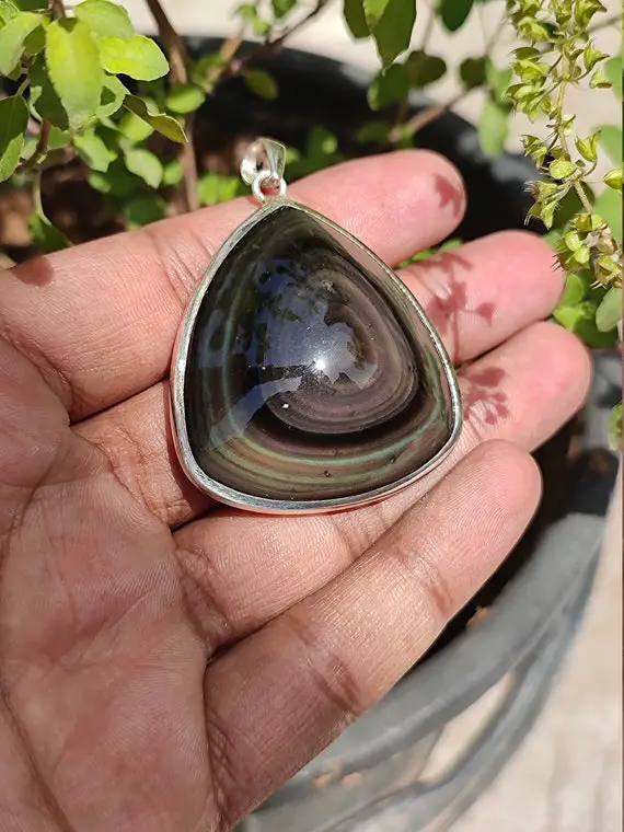 Beautiful Rainbow Obsidian Silver Pandent 925 Sterling Silver, Wholesale Natural Black Rainbow Obsidian Silver Pandent For Healing Purpose