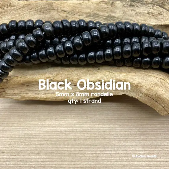 Black Obsidian Gemstone Beads, 5mm X 8mm Rondelle, 8" Strand