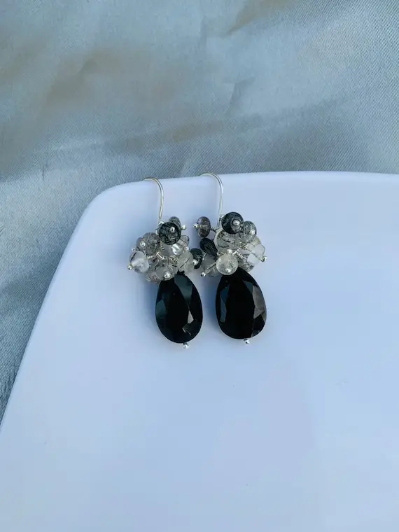 Black Rutile Cluster Earrings With Rainbow Obsidian Drops, Sterling Silver, Dainty Gemstone Earrings, Handmade Earrings, Gift For Women