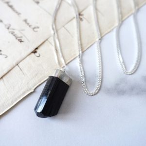 Shop Black Tourmaline Necklaces! Black Tourmaline Point Necklace, Raw Tourmaline Rod Pendant, Sterling Silver Box Chain, Cleanse Negative Energy, Simple Long Necklace Boho | Natural genuine Black Tourmaline necklaces. Buy crystal jewelry, handmade handcrafted artisan jewelry for women.  Unique handmade gift ideas. #jewelry #beadednecklaces #beadedjewelry #gift #shopping #handmadejewelry #fashion #style #product #necklaces #affiliate #ad