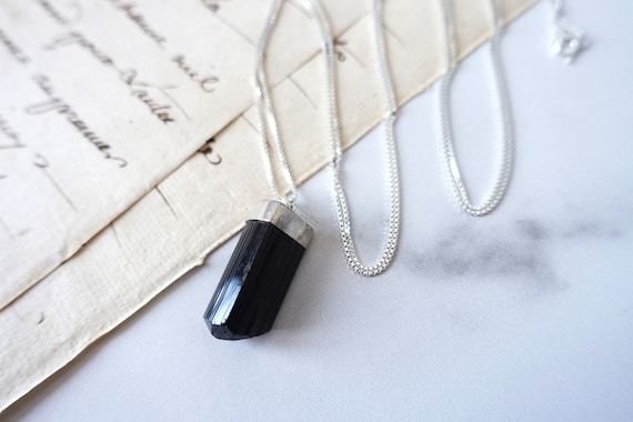 Black Tourmaline Point Necklace, Raw Tourmaline Rod Pendant, Sterling Silver Box Chain, Cleanse Negative Energy, Simple Long Necklace Boho