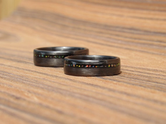 Black Tourmaline Ring, Red Opal, His Or Hers Wedding Ring, Promise Ring, Carbon Fiber Ring, Black Ring