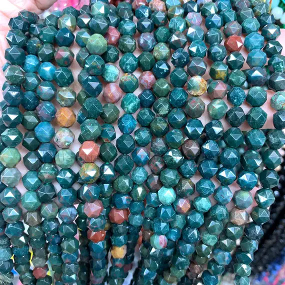 Natural Bloodstone Faceted Beads 6mm 8mm 10mm, Star Cut Faceted Bloodstone Beads, Green Mala Beads, Green Red Gemstone Beads