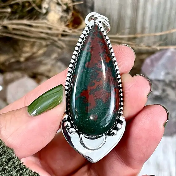 Midnight Moon Crystal Necklace - Bloodstone Necklace In Sterling Silver / Designed By Foxlark / Green Goth Jewelry Witchy Necklace Statement