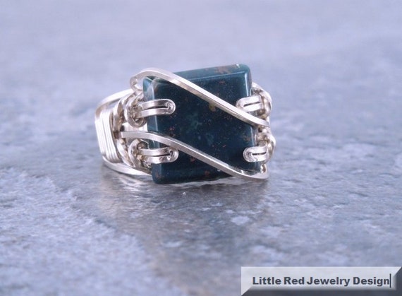 14k Gold Filled Square Bloodstone Wire Wrapped Ring