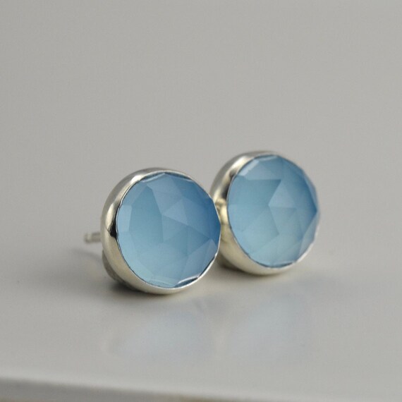 Blue Chalcedony 8mm Rose Cut Sterling Silver Stud Earrings Pair
