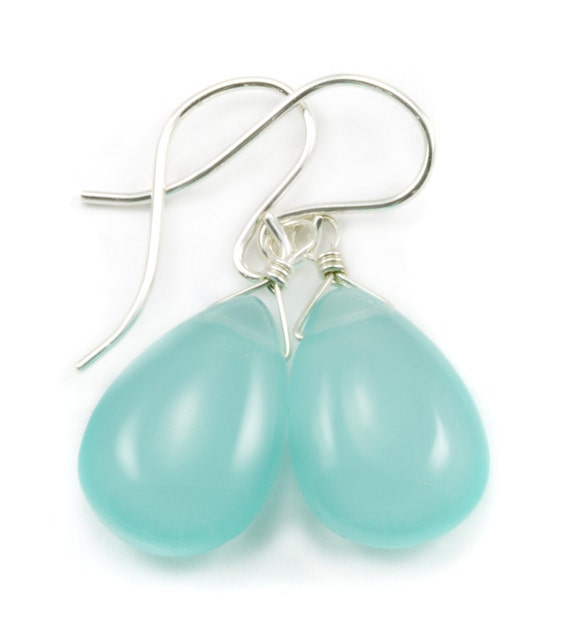 Aqua Blue Chalcedony Earrings Sterling Silver Or 14k Solid Gold Or Filled Teardrop Pear Smooth Cut Simple Natural Soft Blue Classic Daily