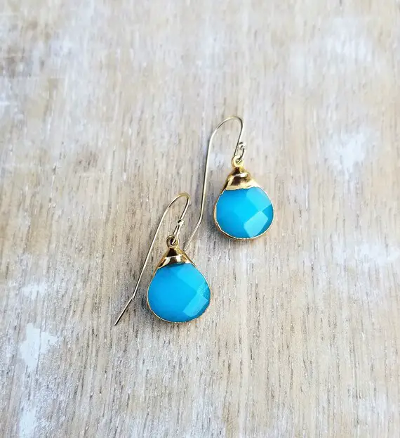 Blue Chalcedony Earrings, Small Blue Stone Earrings, Chalcedony Jewelry, Gold Filled Earrings, Small Dangle Earrings Gold, Summer Earrings