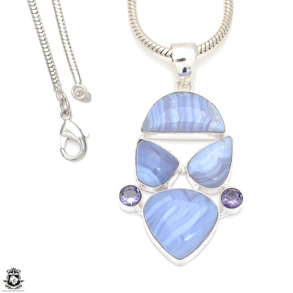 3 Inch Blue Lace Agate Ametrine Necklace 925 Sterling Silver Pendant & 3mm Italian 925 Sterling Silver Chain P8319