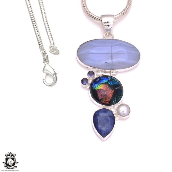 3.3 Inch Blue Lace Agate Dichroic Sapphire Pearl  925 Sterling Silver Pendant & 3mm Italian 925 Sterling Silver Chain P8241