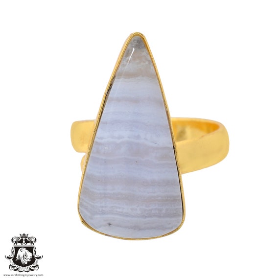 Size 7.5 - Size 9 Blue Lace Agate Ring Meditation Ring 24k Gold Ring Gpr930