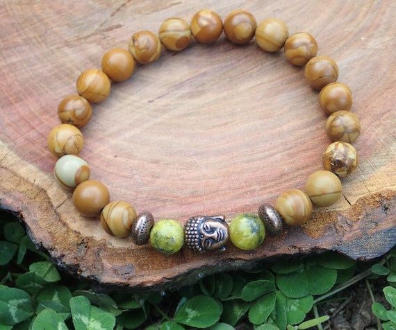 Buddhistisches Stein Armband Männer Kupfer Grün Jade Perlenarmband Herren Versteinertes Holz Armband Yoga Stapel Armband Mala Meditation