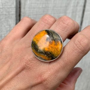 Large Round Chunky Orange Gray Black Bumblebee Jasper Sterling Silver Statement Ring | Jasper Ring | Boho | Rocker | Bumble Bee Jasper Ring | Natural genuine Gemstone rings, simple unique handcrafted gemstone rings. #rings #jewelry #shopping #gift #handmade #fashion #style #affiliate #ad