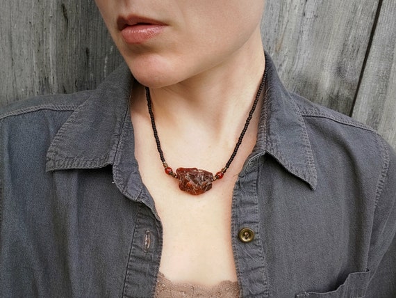 Raw Red Carnelian Necklace, Natural Rough Red And Black Gemstone Nugget Beaded Jewelry