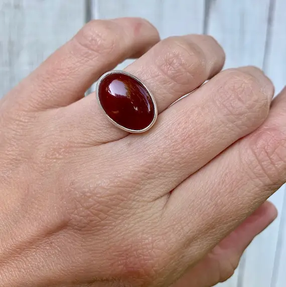 Elegant Blood Red Orange Large Oval Carnelian Sterling Silver Ring | Carnelian Ring | Horizontal Setting | Horoscope Jewelry | Gifts For Her