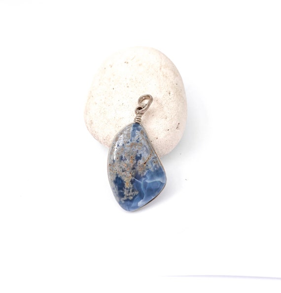 Sterling Silver Celestite Pendant, Special Shape Blue Stone Pendant, Blue Gold Celestite, Celestite Jewelry, Wirework Pendant, Natural Stone