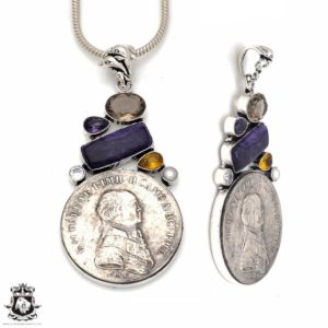 Shop Charoite Pendants! Charoite Reissued Russian Coin Gemstone Sterling Silver Pendant & FREE 3MM Italian 925 Sterling Silver Chain P8642 | Natural genuine Charoite pendants. Buy crystal jewelry, handmade handcrafted artisan jewelry for women.  Unique handmade gift ideas. #jewelry #beadedpendants #beadedjewelry #gift #shopping #handmadejewelry #fashion #style #product #pendants #affiliate #ad