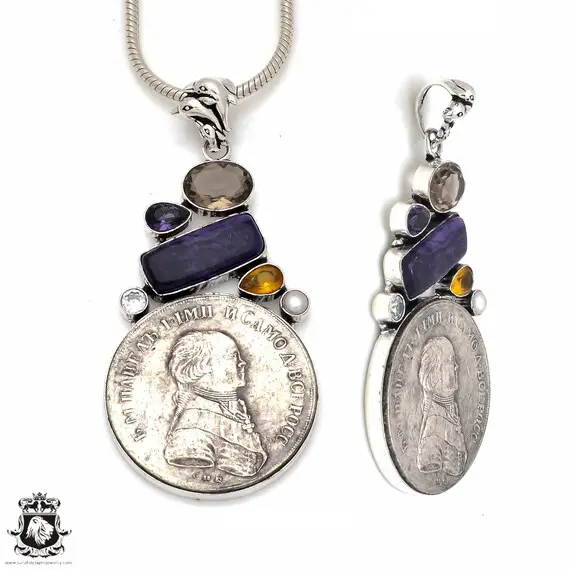 Charoite Reissued Russian Coin Gemstone Sterling Silver Pendant & Free 3mm Italian 925 Sterling Silver Chain P8642