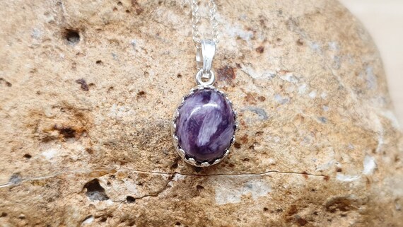 Tiny Oval Charoite Pendant Necklace. Purple Reiki Jewelry. 10x8mm Stone. Minimalist 925 Sterling Silver Necklaces For Women