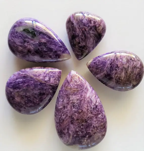 Charoite Purple Violet Lot Of 5 Cabochon Russian Teardrop Pear Domed Both Sides Top & Bottom Touchstone Pocket Stone Metaphysical Energy